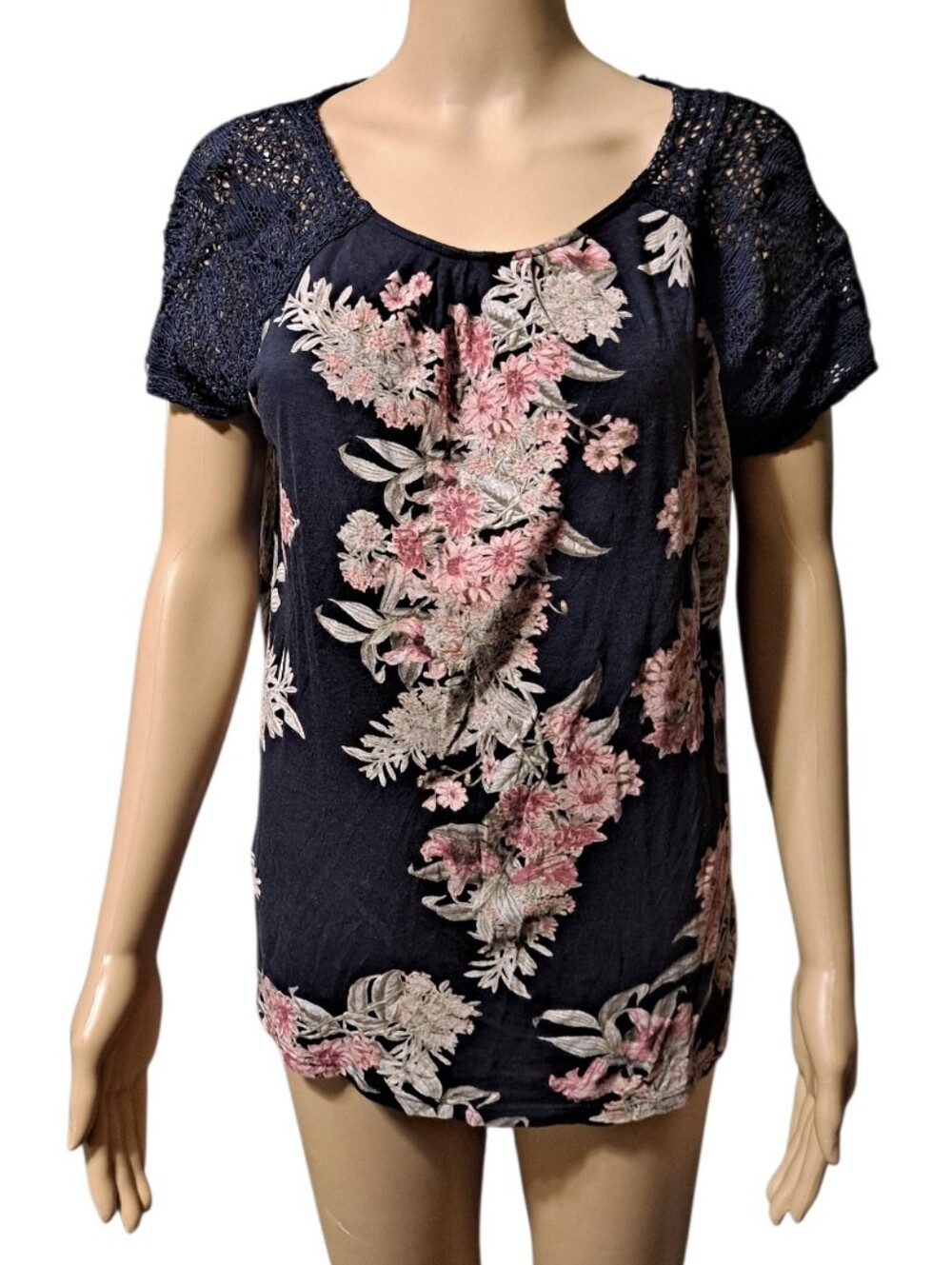 Lucky Brand Navy Floral Crochet-Sleeve Top